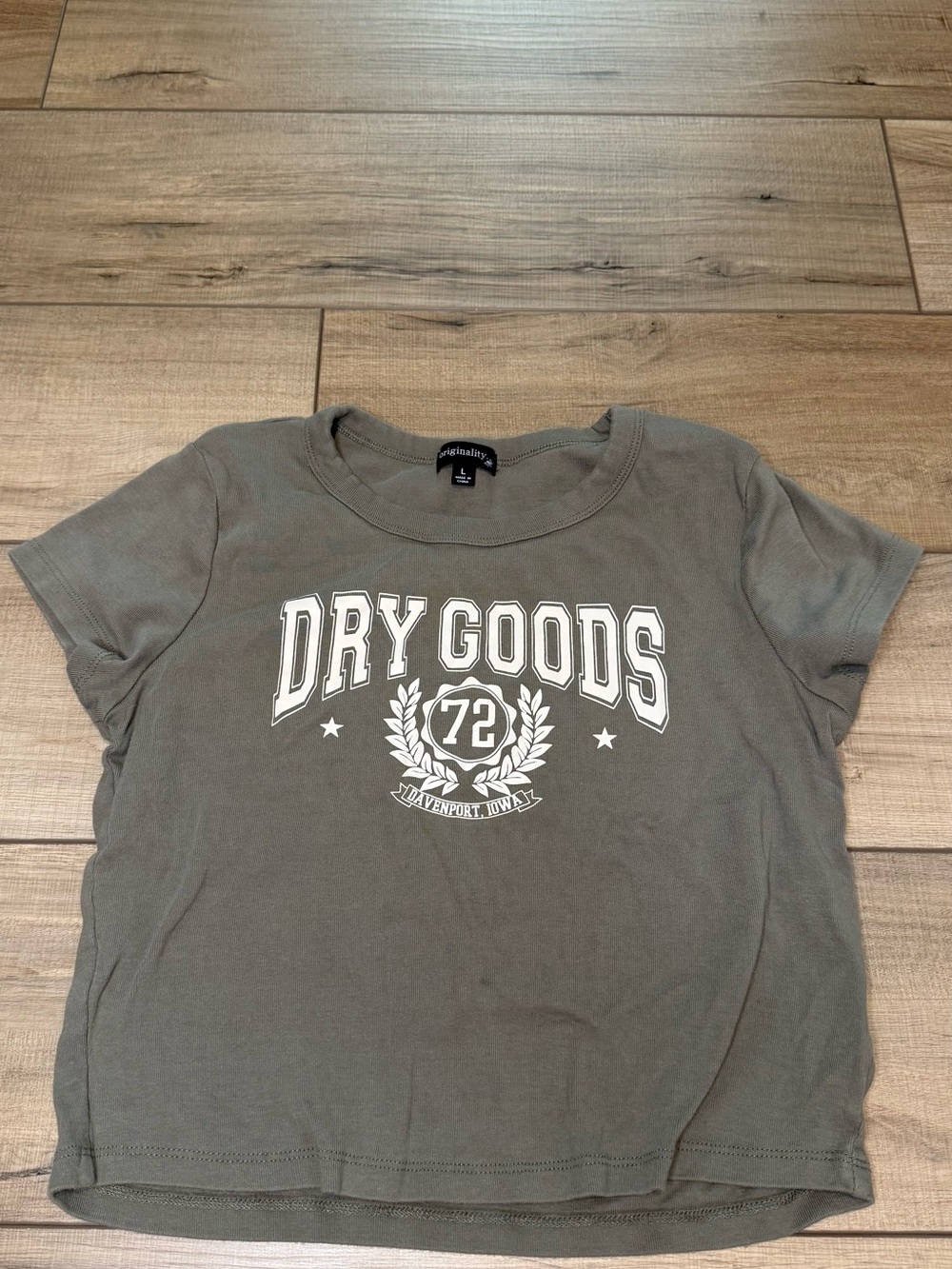 Originality Dry Goods 72 Davenport Iowa Baby Tee Large Olive Green Graphic